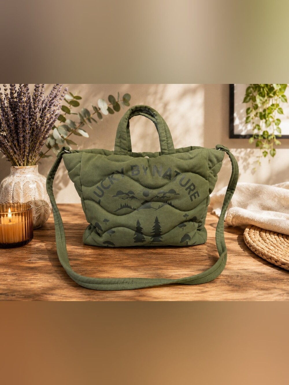 Lucky Brand Olive Green Quilted Tote with Nature Print